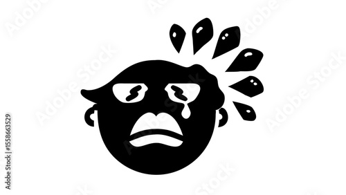 Stylized black and white illustration of a crying face with tears and water droplets around head silhouette