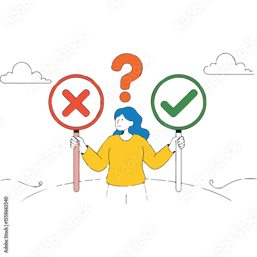 Decision making illustration with question mark, yes and no signs for choices