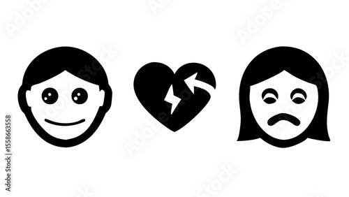 Illustration of a happy man a broken heart and a sad woman in black and white simple vector design silhouette