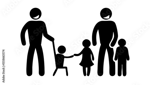 Black stick figure family with two adults and three children standing in a group together on white background silhouette