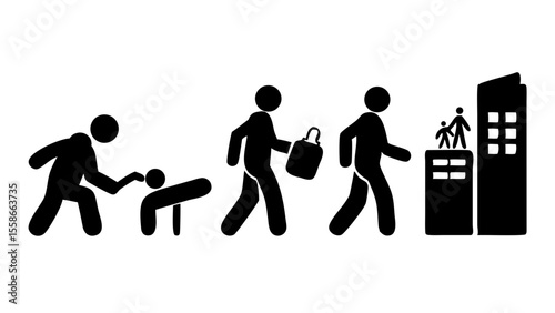 Pictorial representation of human evolution from physical labor to urban success and family achievement silhouette