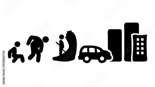 Evolution of human to modern life with city buildings and car in black and white illustration style art silhouette