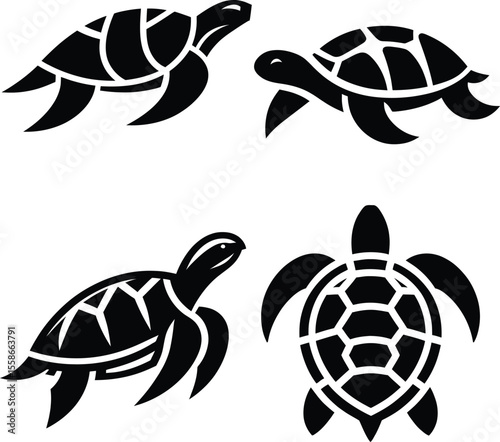 Sea Turtle Silhouette Set Artistic Ocean Reptiles with Unique Shell Patterns and Swimming Poses Wildlife Illustration