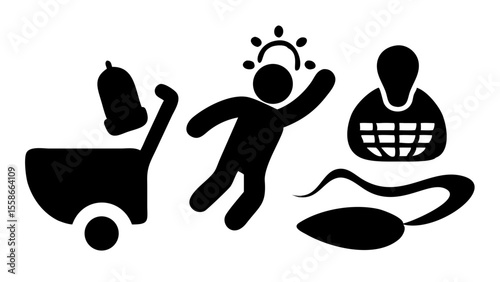 A black and white image showing a luggage cart, a stick figure, and a person with a basket design 100 ch silhouette