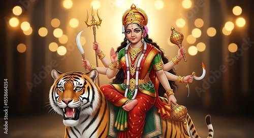 Goddess Durga Riding .ndian Hindu Goddess Durga Mata ,Hindu Goddess Durga with Weapons ,Religious Illustration of Goddess Durga concept, Goddess Durga riding a tiger with bokeh light background.