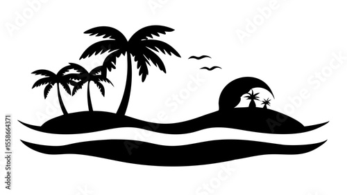Silhouette of tropical island with palm trees birds and stylized waves landscape illustration design