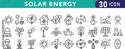 Vector art of a set of 30 solar energy icons isolated on a white background, depicting various aspects of renewable energy technology
