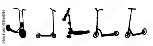 Set of scooter silhouette.Collection of different scooters.Active outdoor fun, leisure,relaxation and entertainment for kids and adult.Rental scooter and idea of city eco transport.Vector illustration