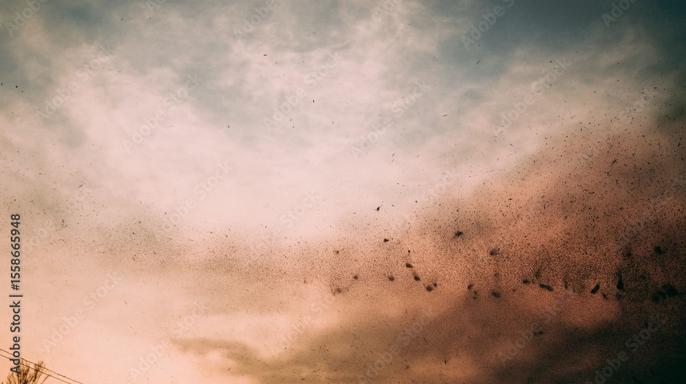 Fototapeta premium Toxic particles spreading through the sky, a hazy sunset backdrop, air pollution threat.