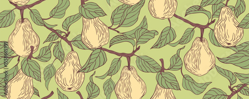 Seamless vintage pattern with hand drawn pears and leaves on green background