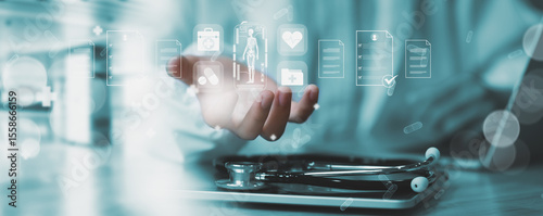 Doctor Work with AI and  Medical Report, Healthcare, Telemedicine, and Digital Medical Services Concept, emergency treatment, medical service, Healthcare, Examination analysis report.