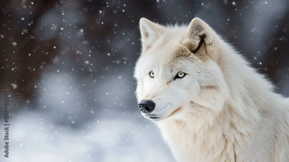 Obraz premium Majestic white wolf observing falling snow in winter wonderland