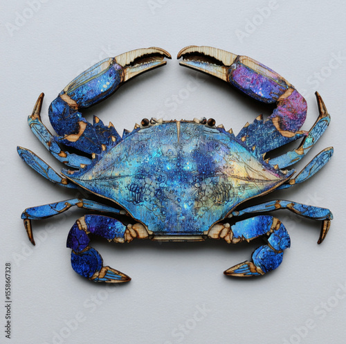 a piece of plywood cut in the shape of a Maryland blue crab and covered in resin artistically