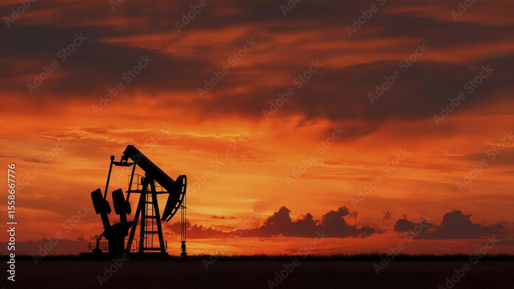 Oil Pumpjack Silhouettes Against Vibrant Sunset Sky in Desert Landscape Oil Pumpjack Silhouettes Against Vibrant Sunset Sky in Desert Landscape