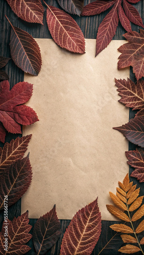 Vibrant arrangement of colorful autumn leaves creating a natural frame around a blank sheet of old paper placed on a rustic wooden background, evoking a nostalgic and atmospheric autumnal scene