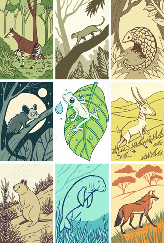 Wallpaper Mural A playful, stylized animal set featuring 9 exotic creatures from jungles, oceans, and deserts, with bold outlines, earthy tones, and lush natural backdrops.
 Torontodigital.ca