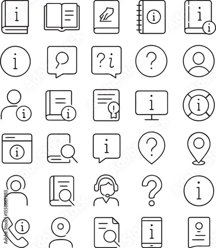 Information set of web icons in line style. Info and Help Desk icons for web and mobile app. Containing user manual, instruction, guidebook, reference, information support, assistant, customer help 
