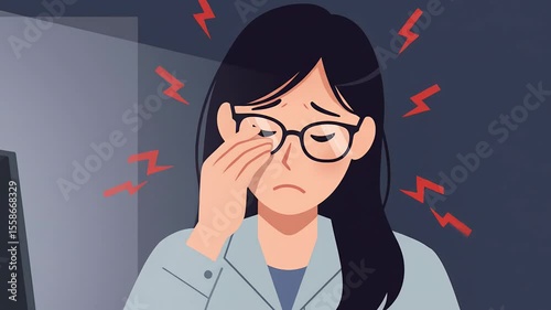 Woman Suffering from Eye Strain and Headache at Work Animation