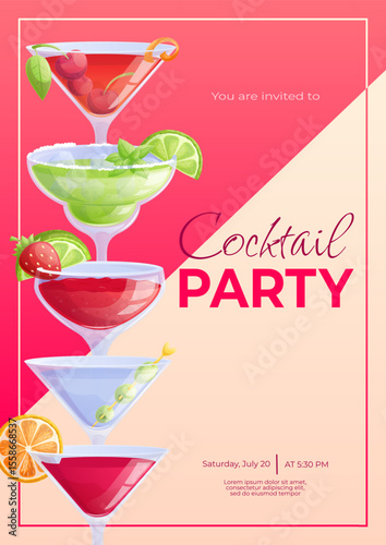 Cocktail party invitation design template . Cosmopolitan cocktail, Manhattan, margarita, daiquiri, orange slice, lime. The concept of a party, holiday, birthday. Vector illustration in A4 format