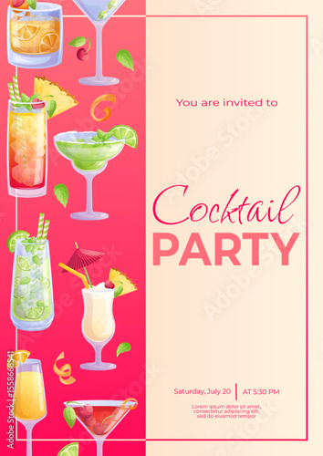 Cocktail party invitation design template. Mojito cocktail, mimosa, old fashion, margarita, Manhattan, dry martini, mai tai. The concept of a party, holiday, birthday. Vector illustration in A4 format