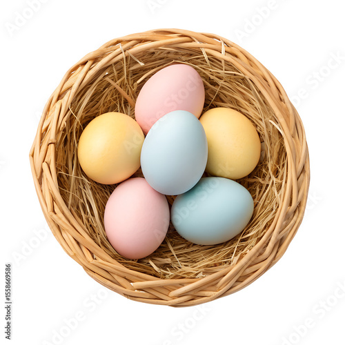Wallpaper Mural A set of pastel-colored Easter eggs in a straw basket, isolated on transparent background Torontodigital.ca