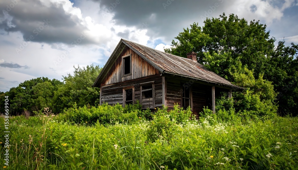 Abandoned wooden house in overgrown field Abandoned wooden house in overgrown field
