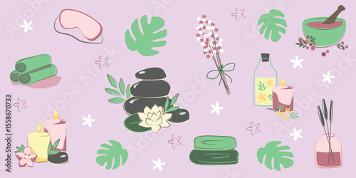 Vector spa clipart set with candles, towels, hot stones, massage oil, diffuser, and tropical leaves on pastel background