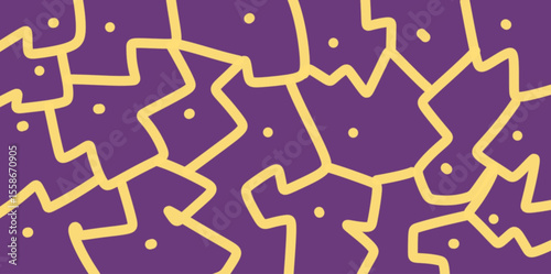 Abstract pattern of puzzle lines and dots in bright yellow with a dark purple background, trendy, unique, vintage, suitable for use as decoration for posters, banners and greeting cards.