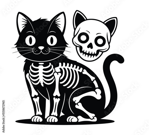 Spooky black cat skeleton illustration with a floating skull head