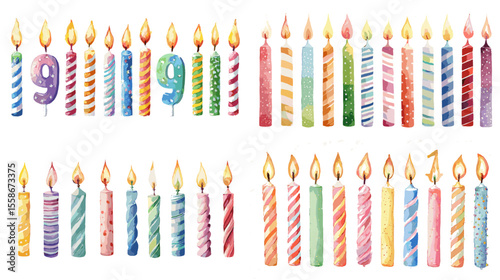 Watercolor illustrations of colorful striped and numbered birthday candles with flames, perfect for celebration designs, invitations, and cake decor.

