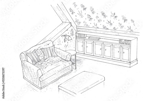 Fototapeta Naklejka Na Ścianę i Meble -  Black and white sketch of a sofa and sideboard.