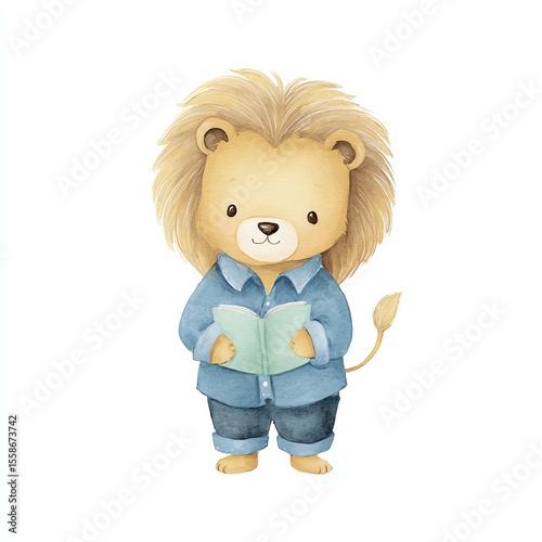 Cute Lion Cub Reading a Book