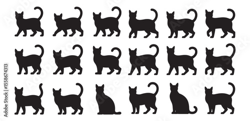 Collection of black cat silhouettes in various poses against a white background