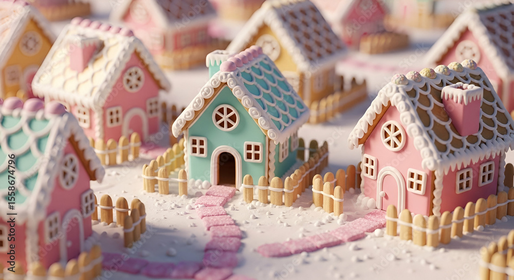 Naklejka premium Colorful and Charming Gingerbread Houses Surrounded by Sweet Frosting with Delicate Details and Festive Decorations During a Magical Winter Season