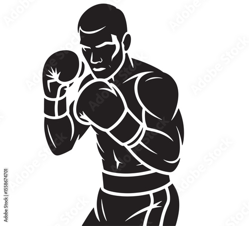 Stylized black silhouette of a boxer in a fighting stance