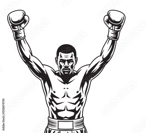 Victorious boxer raises fists in triumph after winning a championship match