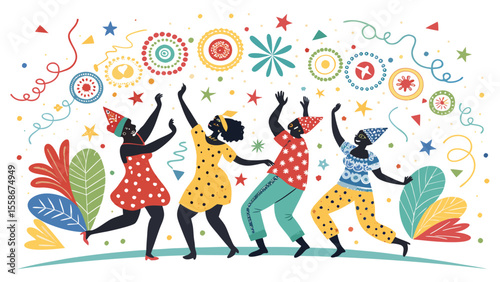 "Brazil Carnival Party Banner with Dancing People – Colorful Doodle Style Illustration for Festive Event Celebration and Parade Decoration"

