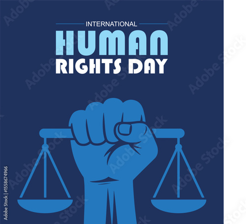 International human rights day fist holding scales of justice on blue background
