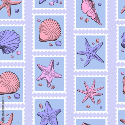 Seamless pattern with shells and starfish. Marine pattern in blue and pink colors with stamps. Cute ocean pattern. Hand drawn illustration. Sketch style. Vector.