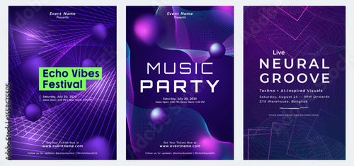 EDM or Electronoic Dance Music festival poster with neon purple and blue tones; dynamic wave patterns. Futuristic; Technology abstract background.