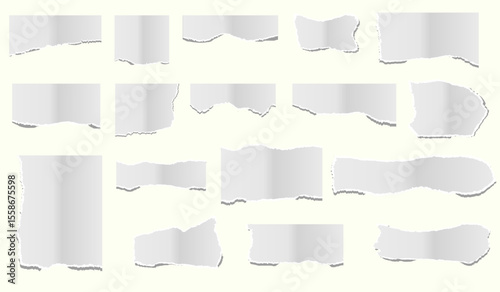 Torn Paper. Realistic paper scraps with torn edges. White ripped paper strips collection. Decoration ornament art. Sticky notes. torn paper pieces in various shapes
