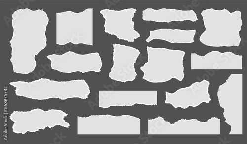 Torn Paper. Realistic paper scraps with torn edges. White ripped paper strips collection. Decoration ornament art. Sticky notes. torn paper pieces in various shapes