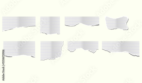 torn pieces of checkered paper. Notebook sheet pieces with torn edges. Ripped checkered Paper Torn Edges. Piece of smooth ripped checkered paper. lined and crumpled effect
