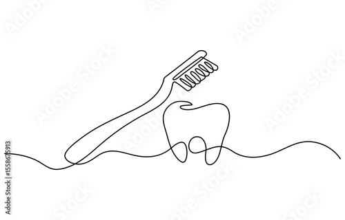 Continuous line drawing toothbrush with toothpaste. Dental care equipment at home. Brushing teeth. Teeth care concept. Oral care center. Modern continuous line draw design graphic vector illustration