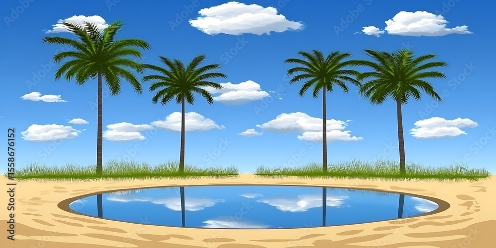 Fototapeta premium Oasis with palm trees, reflection on water surface in desert landscape