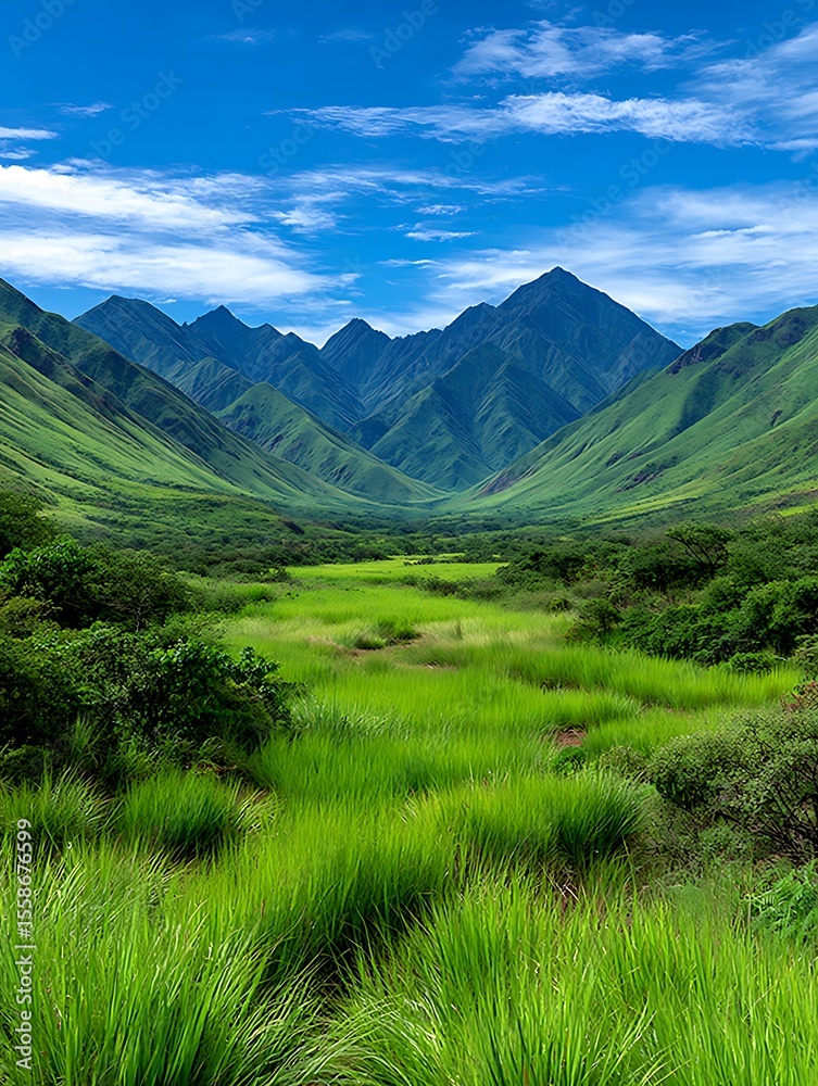 Obraz premium Lush valley with mountain peaks