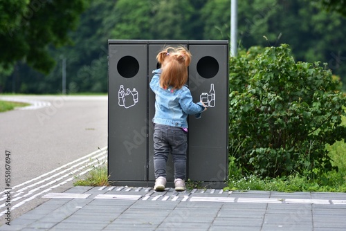 Responsible toddler girl sorting trash in a public park. Ground markings help blind people locate the bins. Promotes sustainability. No face