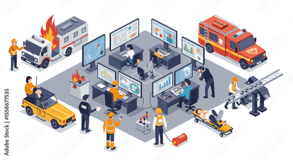 Obraz premium Emergency response team vector illustration: isometric design for posters and educational material