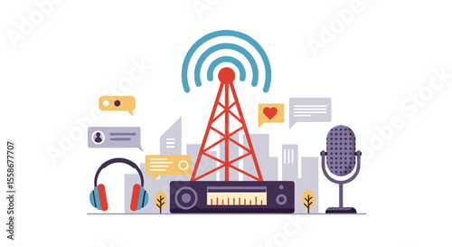 Broadcast media vector illustration design for podcast and radio, flat style