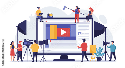 Video production team at work in flat style vector illustration for digital media projects